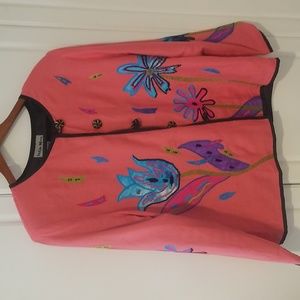Indigo Moon Vintage Boho  Lined Jacket. Lovely Coral Flower Buttons Large